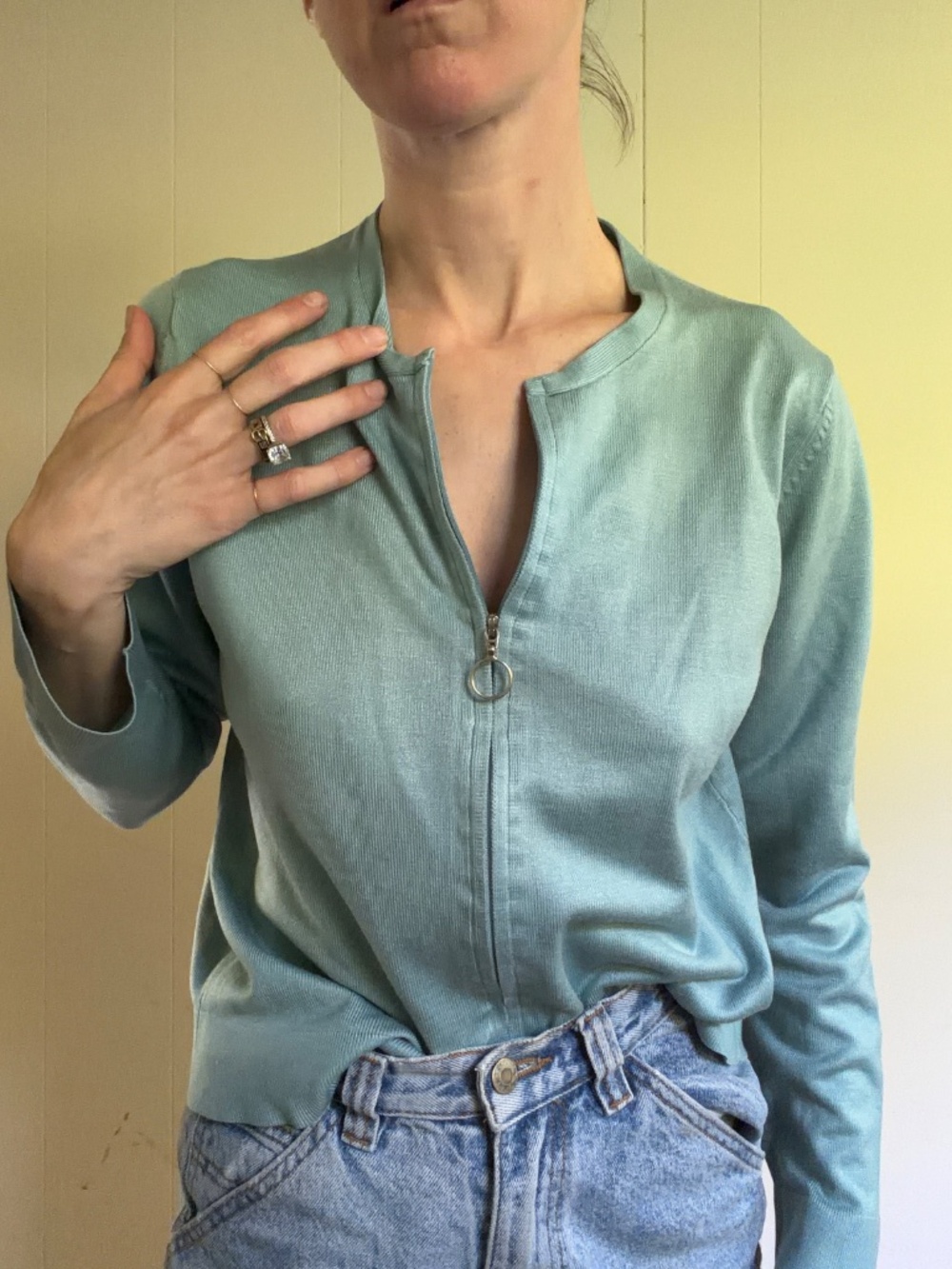 Y2K knitted cardigan with silver circle zip minimalist clean girl